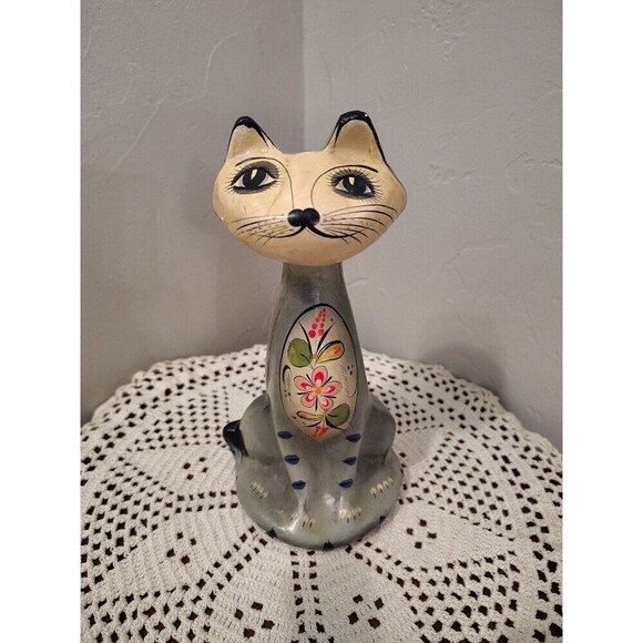 None Other - Handpainted Tall Cat Long Neck Folk Art Paper Mache Multicolor Home Decor 8"